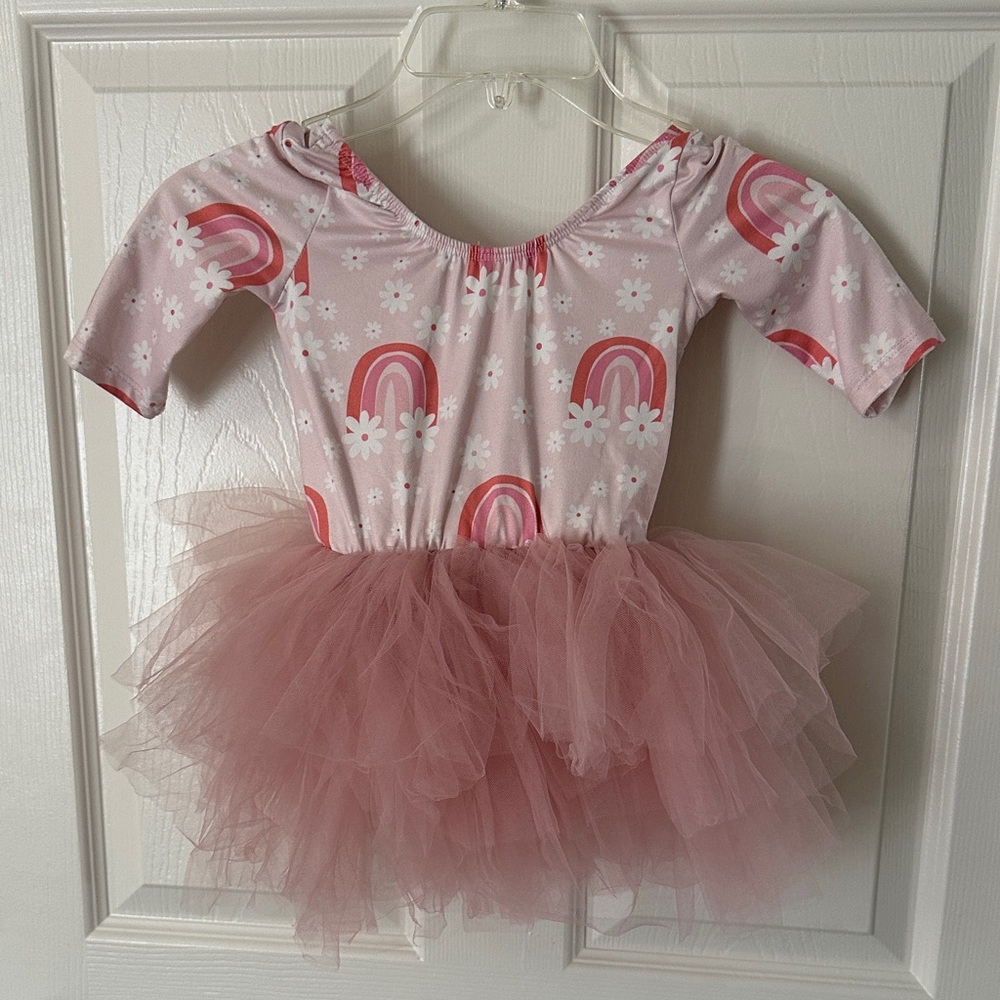 Girls Pink Rainbow Tutu Dance Costume with Layered Tulle Skirt